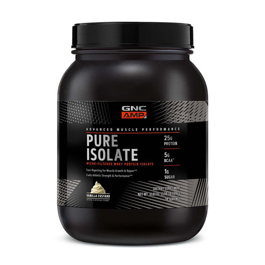 GNC AMP Pure Isolate Vanilla Custard tub displayed for high quality post-workout protein