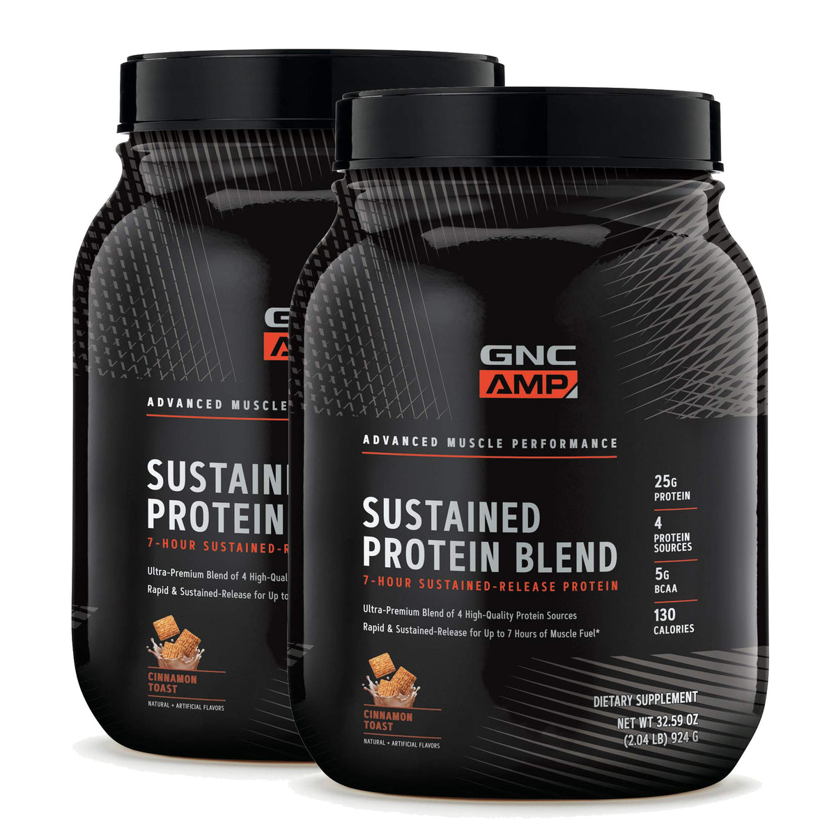 GNC AMP Sustained Cinnamon Toast bottle pouring for steady protein release during workouts