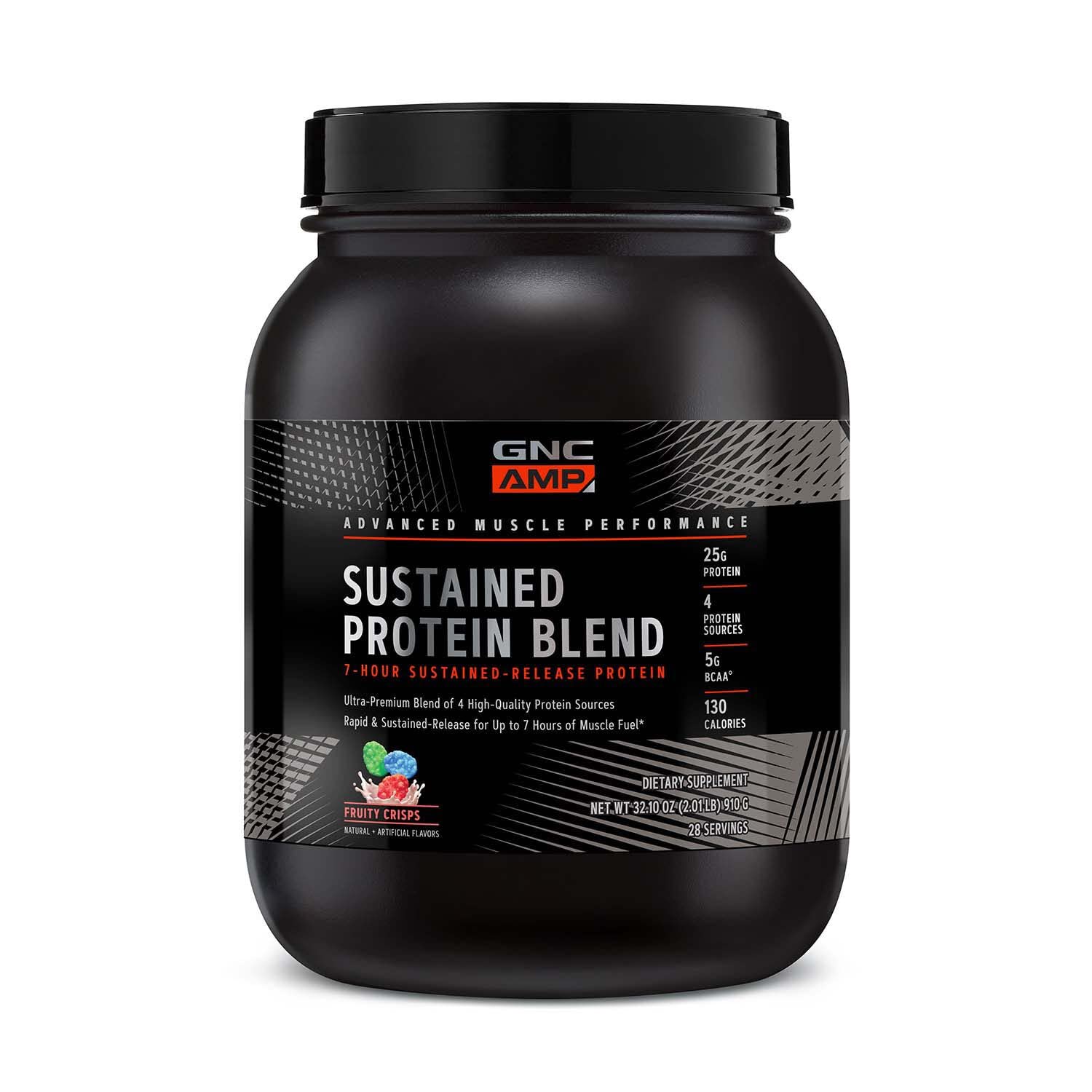 GNC AMP Sustained Cinnamon Toast bottle with two scoops for steady protein release.