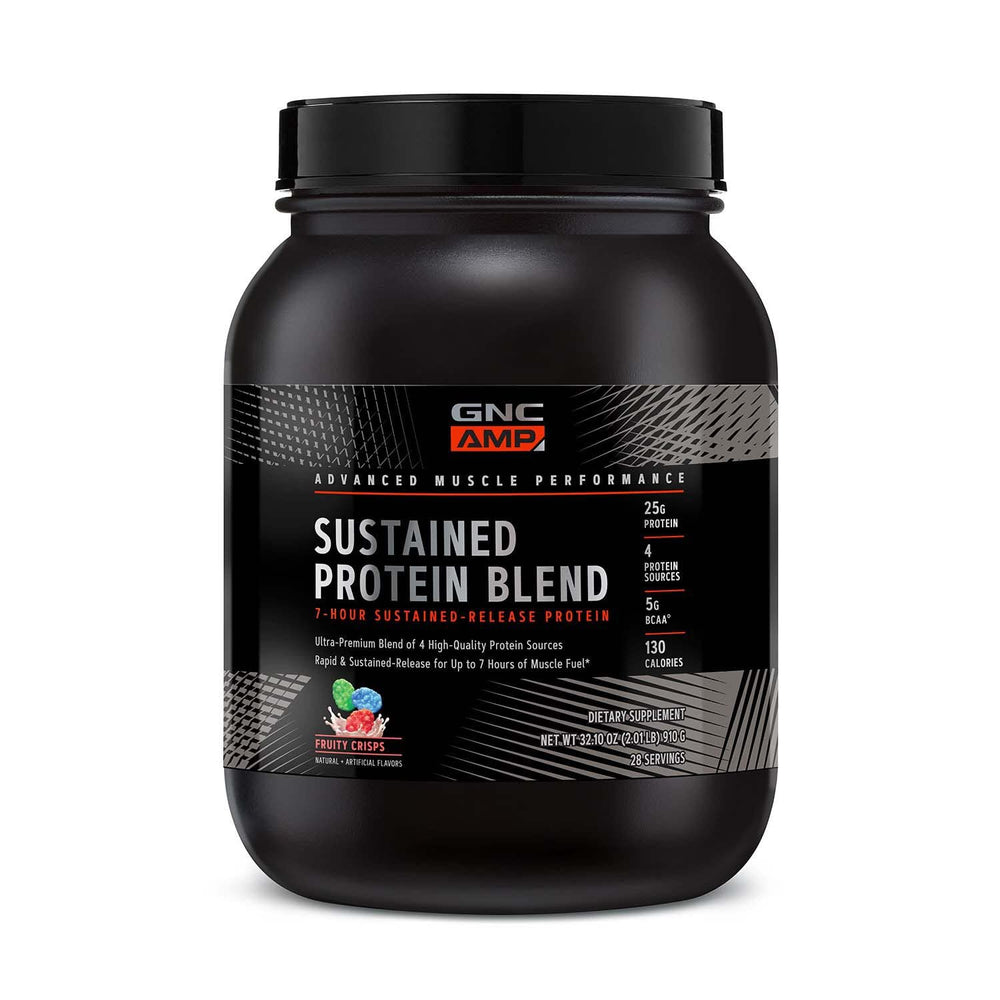 GNC AMP Sustained Cinnamon Toast bottle with two scoops for steady protein release.