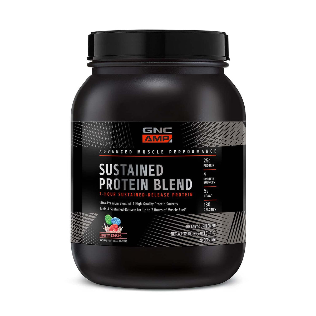 GNC AMP Sustained Cinnamon Toast bottle with two scoops for steady protein release.