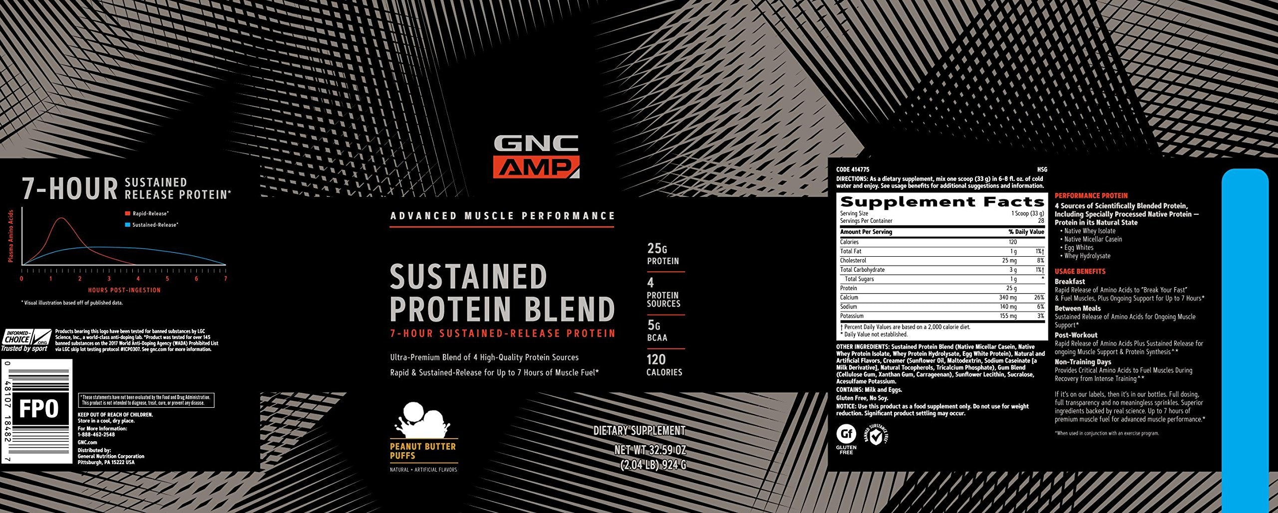 GNC AMP Cinnamon Toast nutrition facts showing 7-hour protein release