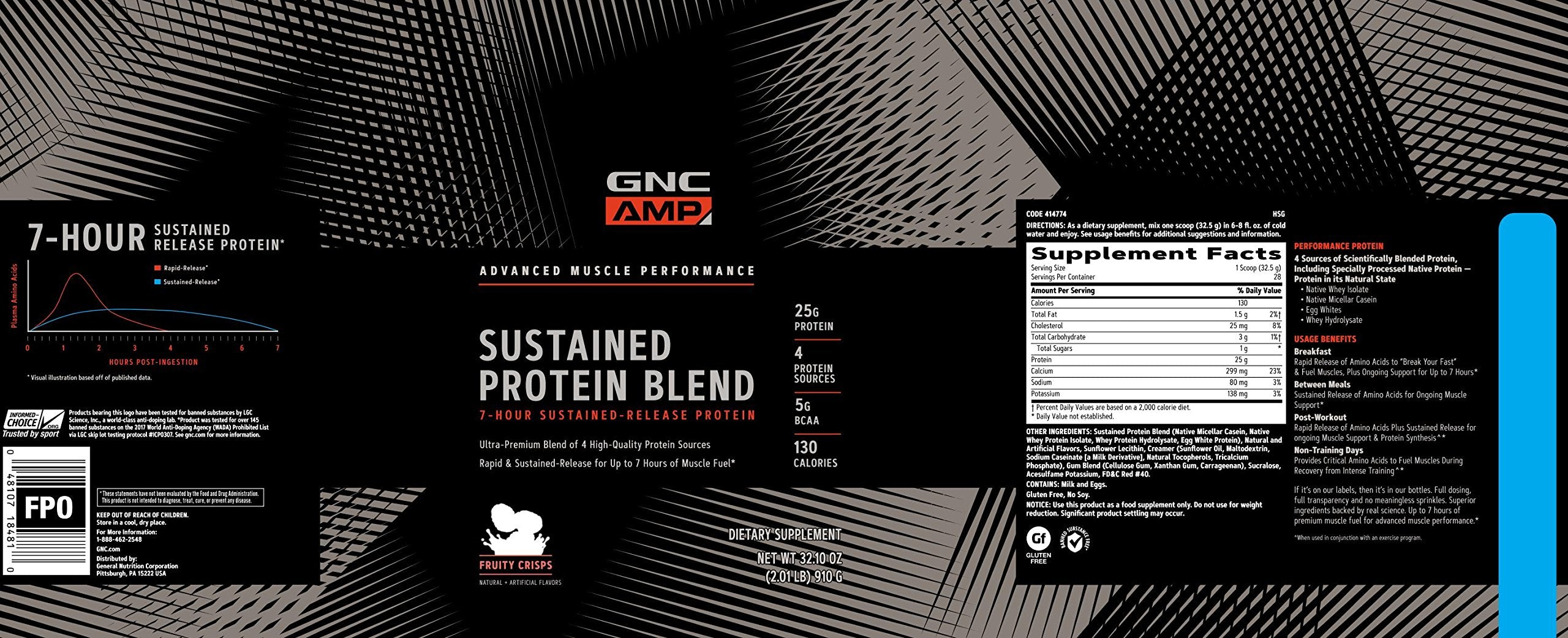GNC AMP Sustained Protein Blend ingredients panel highlighting four protein sources