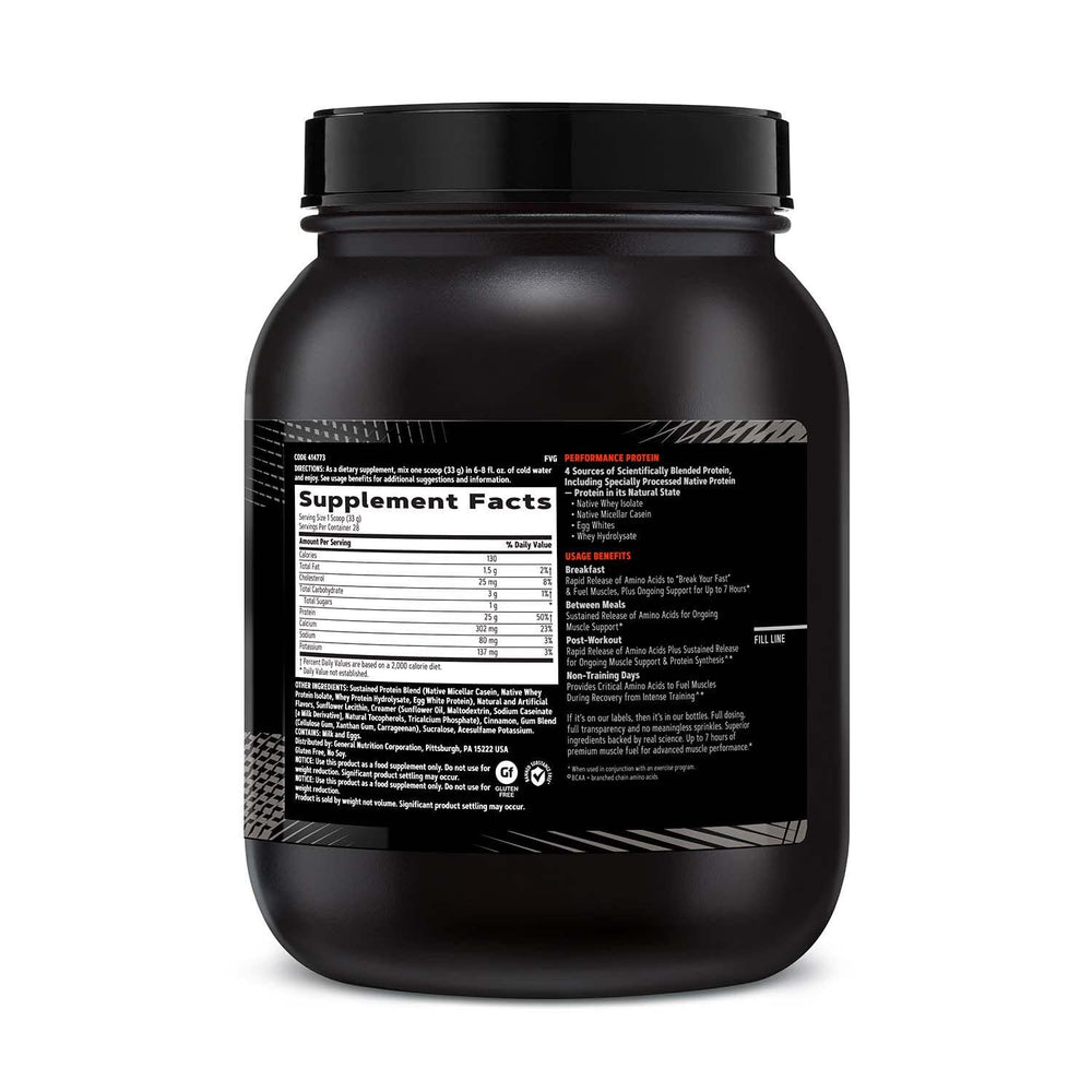 GNC AMP Sustained Protein Blend powder being poured for immediate and lasting fuel