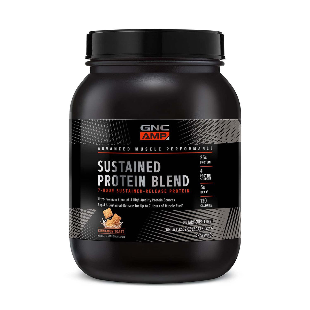 GNC AMP Sustained Protein Blend Cinnamon Toast tub for steady daily protein