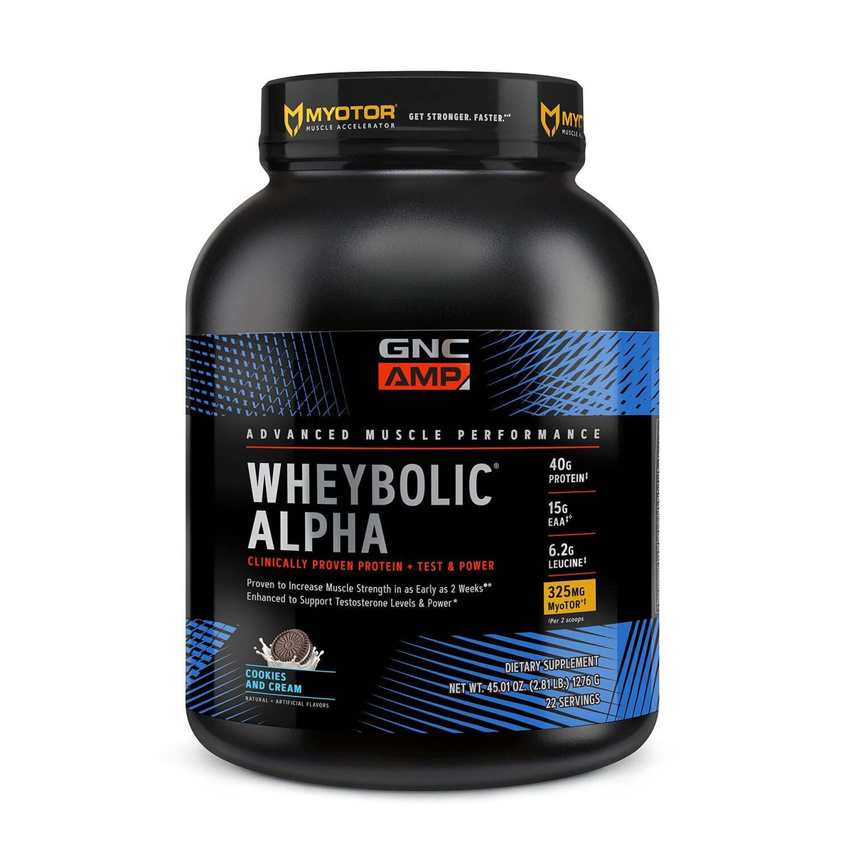 GNC AMP Wheybolic Alpha bottle pouring after a workout for muscle support
