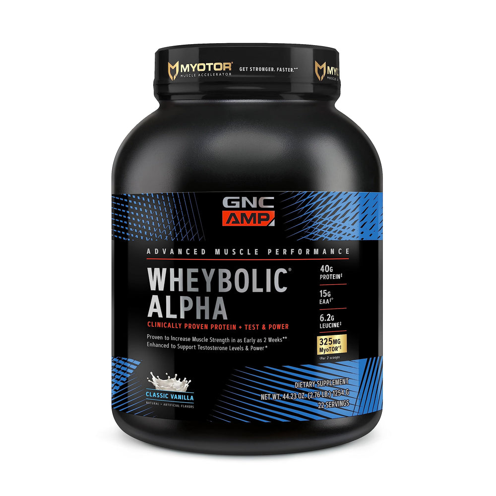 GNC AMP Wheybolic Alpha Classic Vanilla bottle for strength support