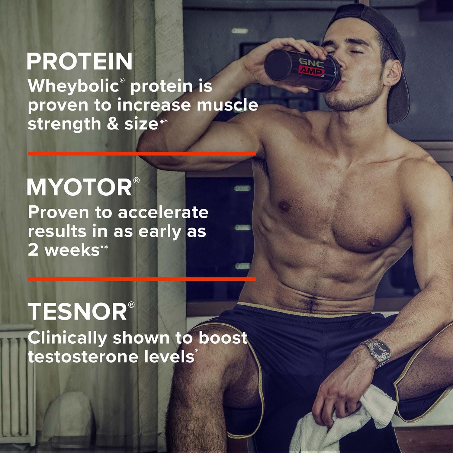 GNC AMP Wheybolic Alpha shake being prepared for pre- or post-workout use