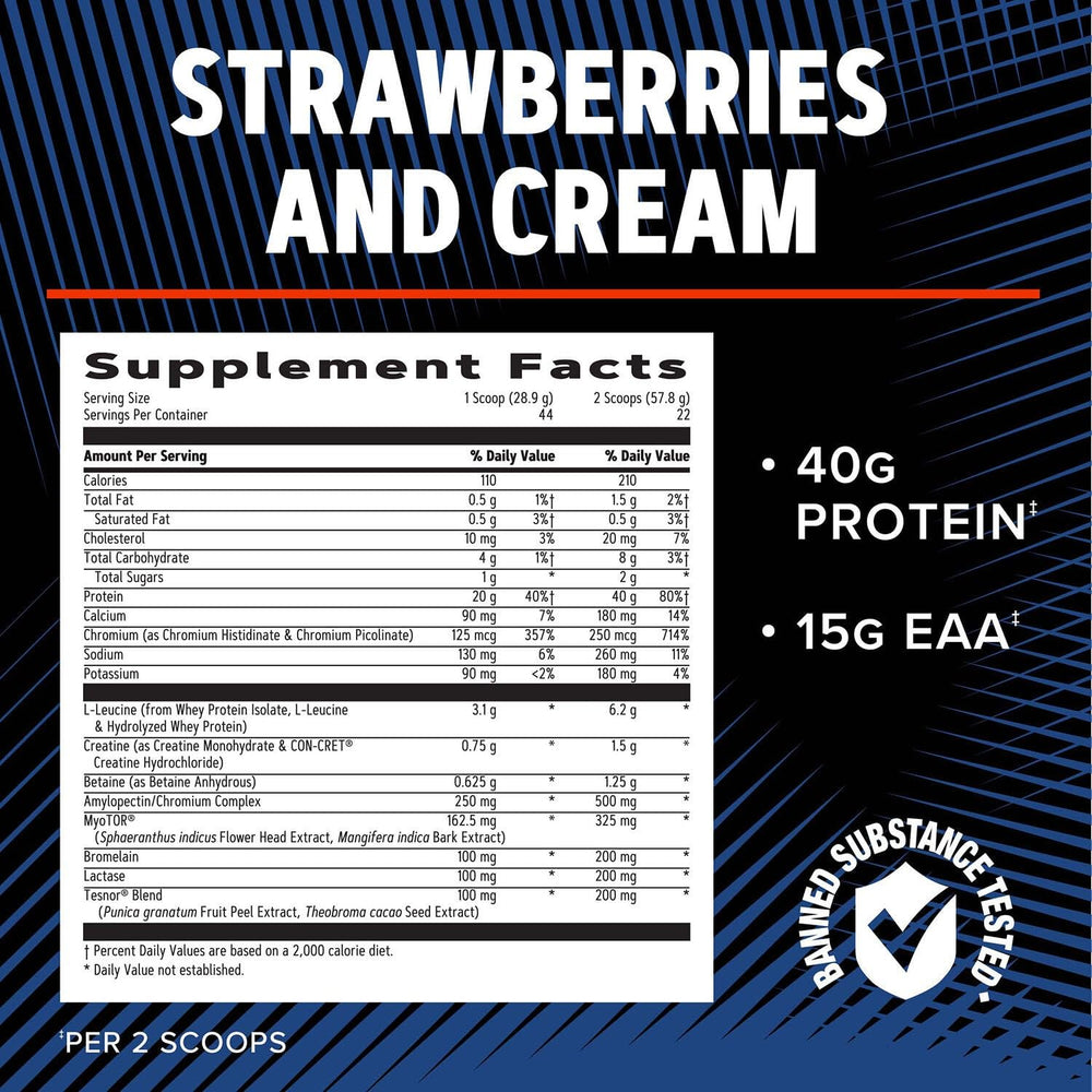 GNC AMP Wheybolic Alpha strawberries and cream scoop with creamy powder texture
