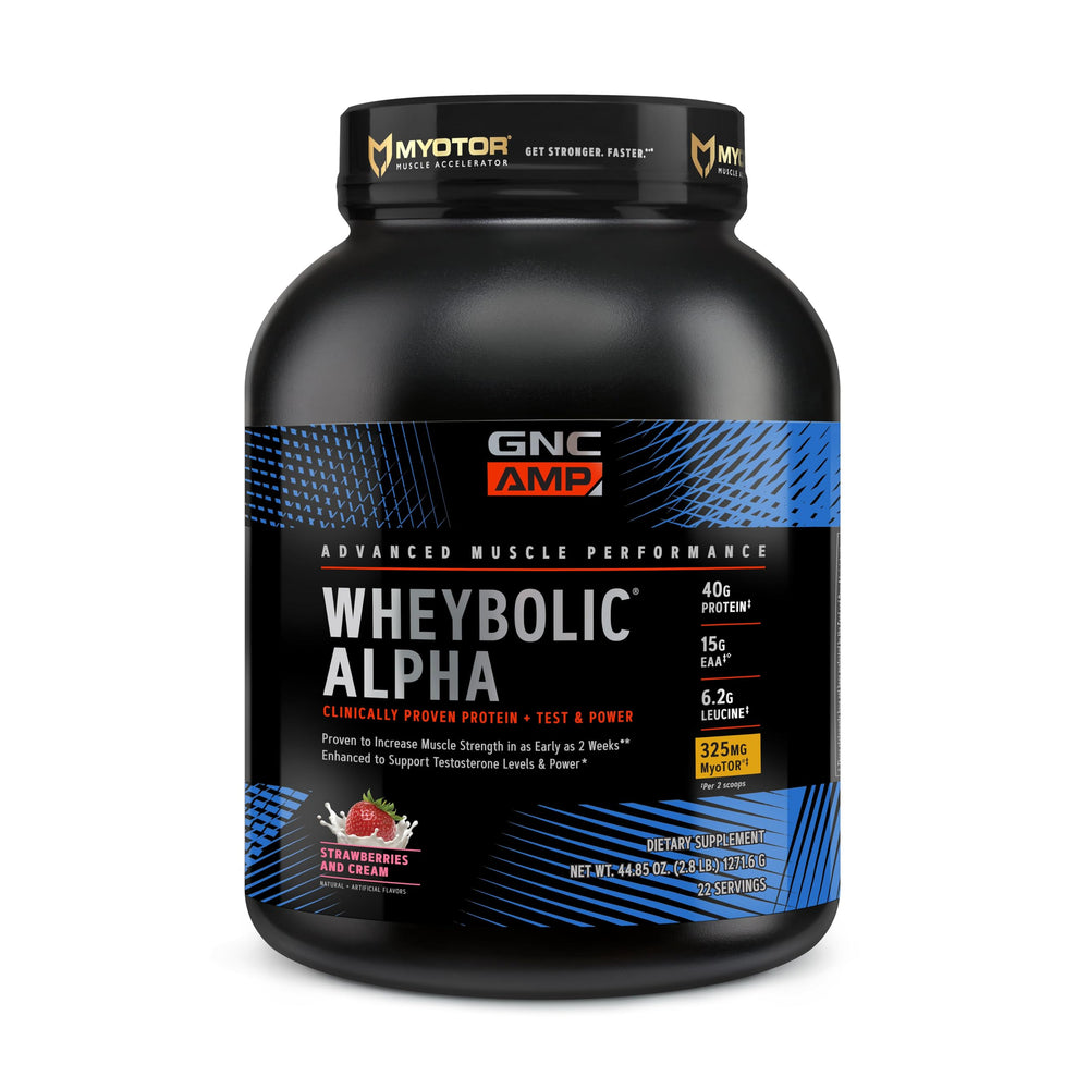 GNC AMP Wheybolic Alpha tub front view showing flavor Strawberry Cream for muscle support