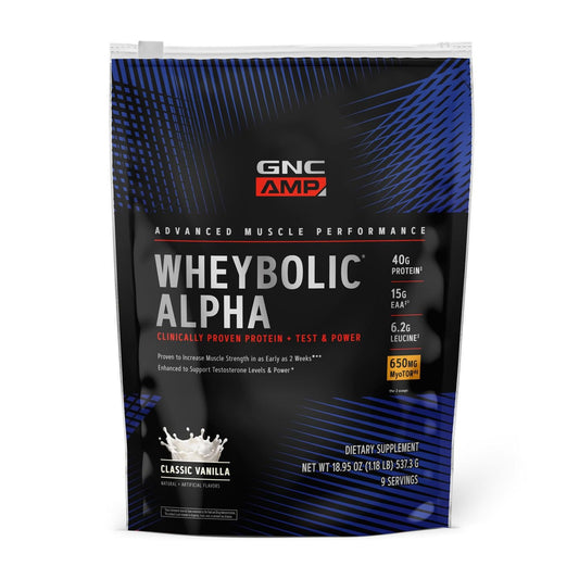 GNC AMP Wheybolic Alpha with MyoTor classic vanilla bottle on shelf for daily protein support.
