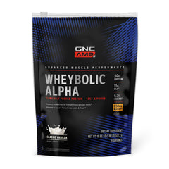 GNC AMP Wheybolic Alpha with MyoTor classic vanilla bottle on shelf for daily protein support.