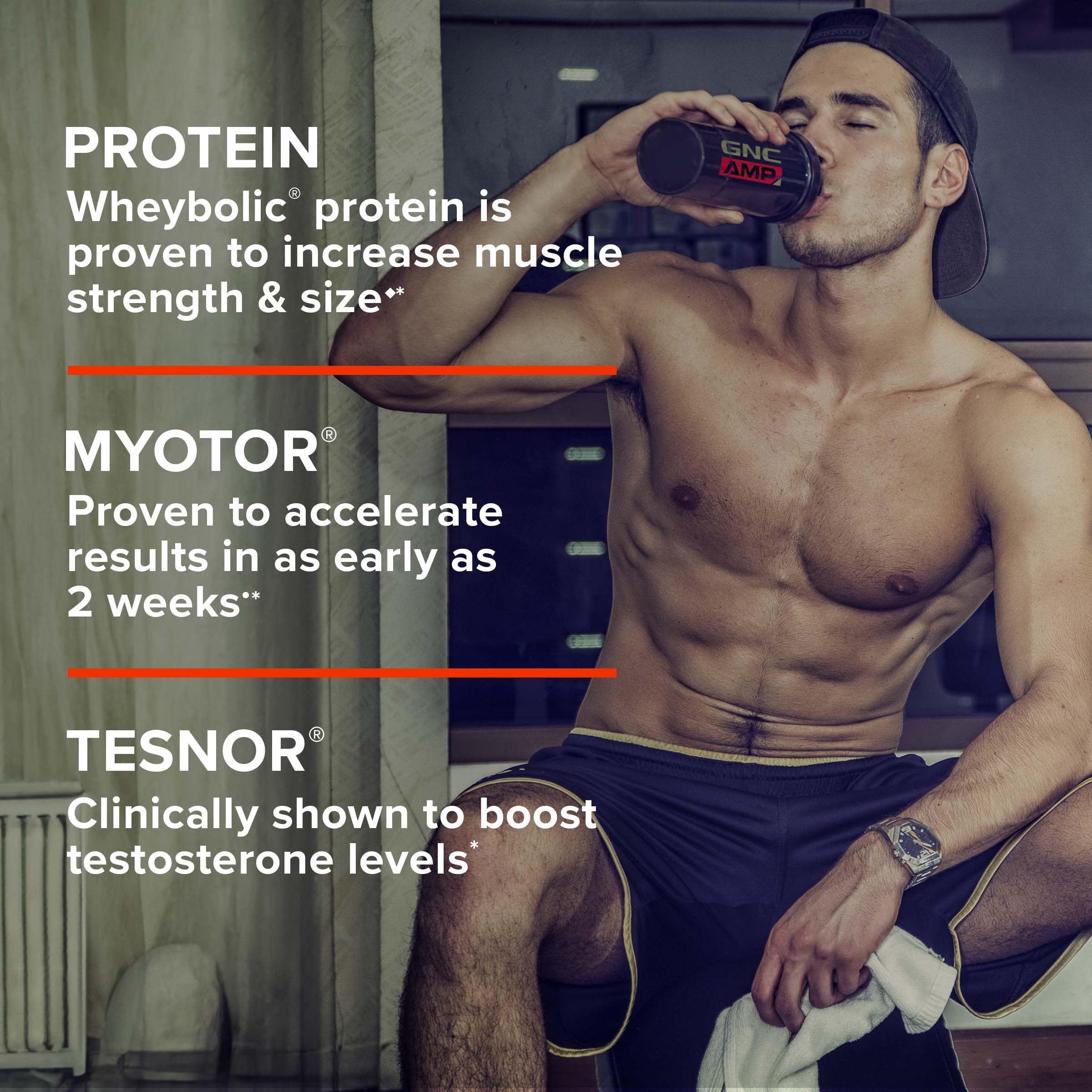 GNC AMP Wheybolic Alpha with MyoTor nutrition facts card showcasing power and stamina potential.
