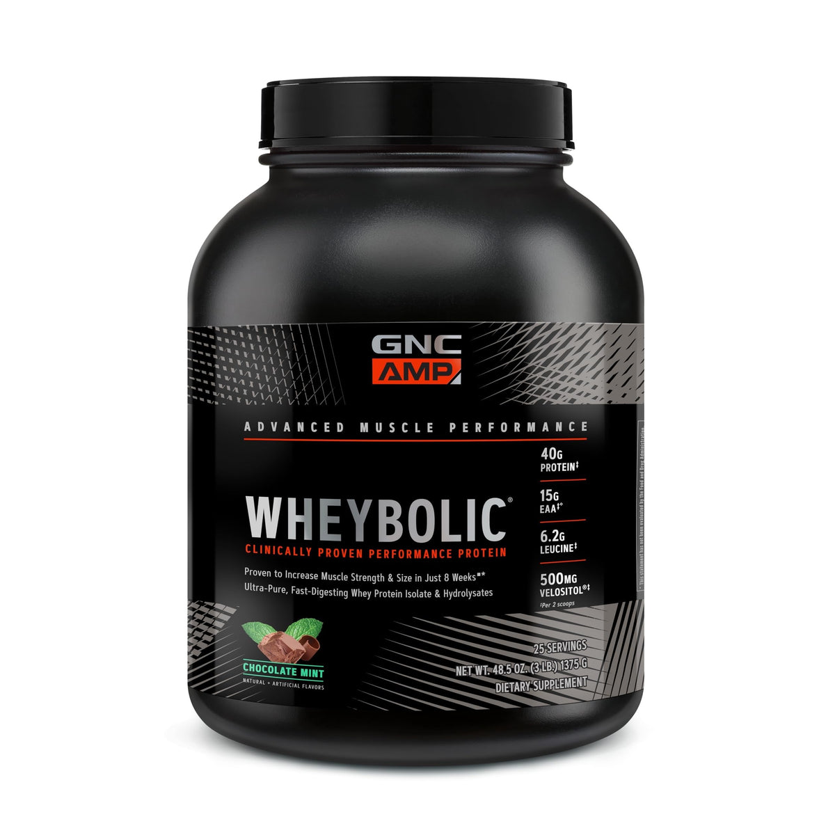 GNC AMP Wheybolic bottle front in gluten-free chocolate mint flavor