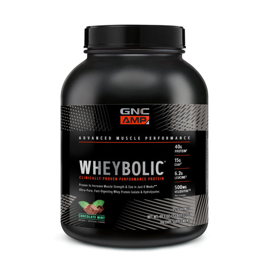 GNC AMP Wheybolic bottle front in gluten-free chocolate mint flavor