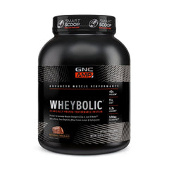GNC AMP Wheybolic bottle being poured for quick protein fueling after workouts.