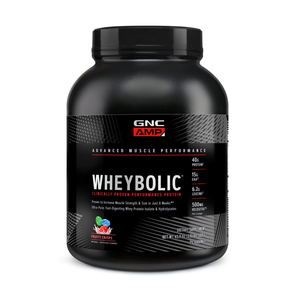 GNC AMP Wheybolic bottle close-up highlighting protein for muscle support.