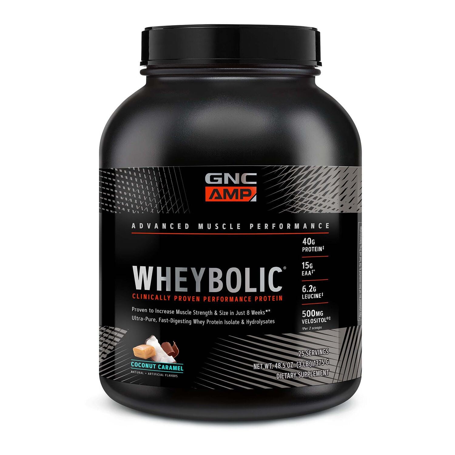GNC AMP Wheybolic coconut caramel bottle front for muscle support