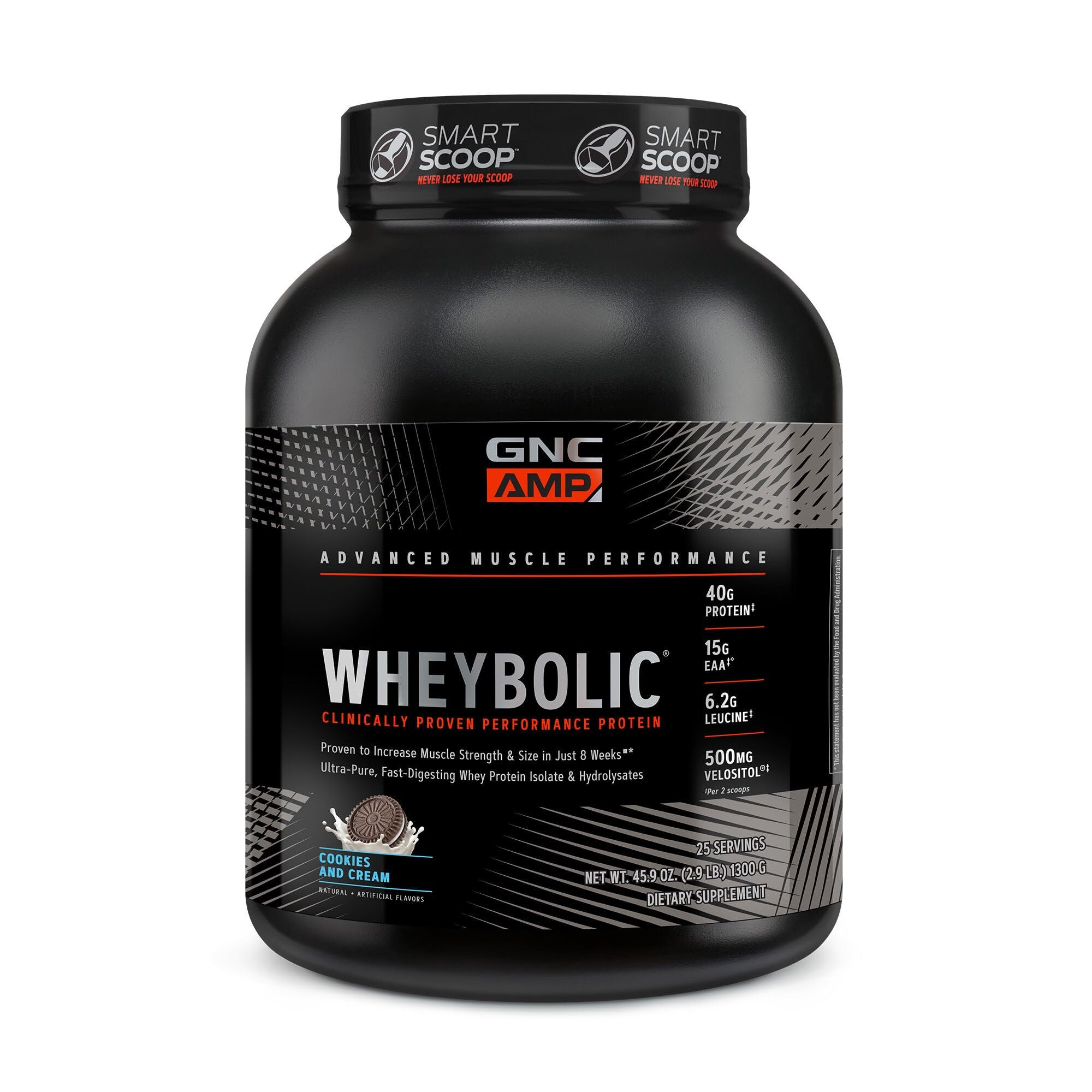 GNC AMP Wheybolic cookies and cream bottle, premium gluten-free protein for muscle growth
