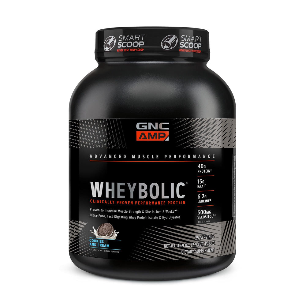 GNC AMP Wheybolic cookies and cream bottle, premium gluten-free protein for muscle growth