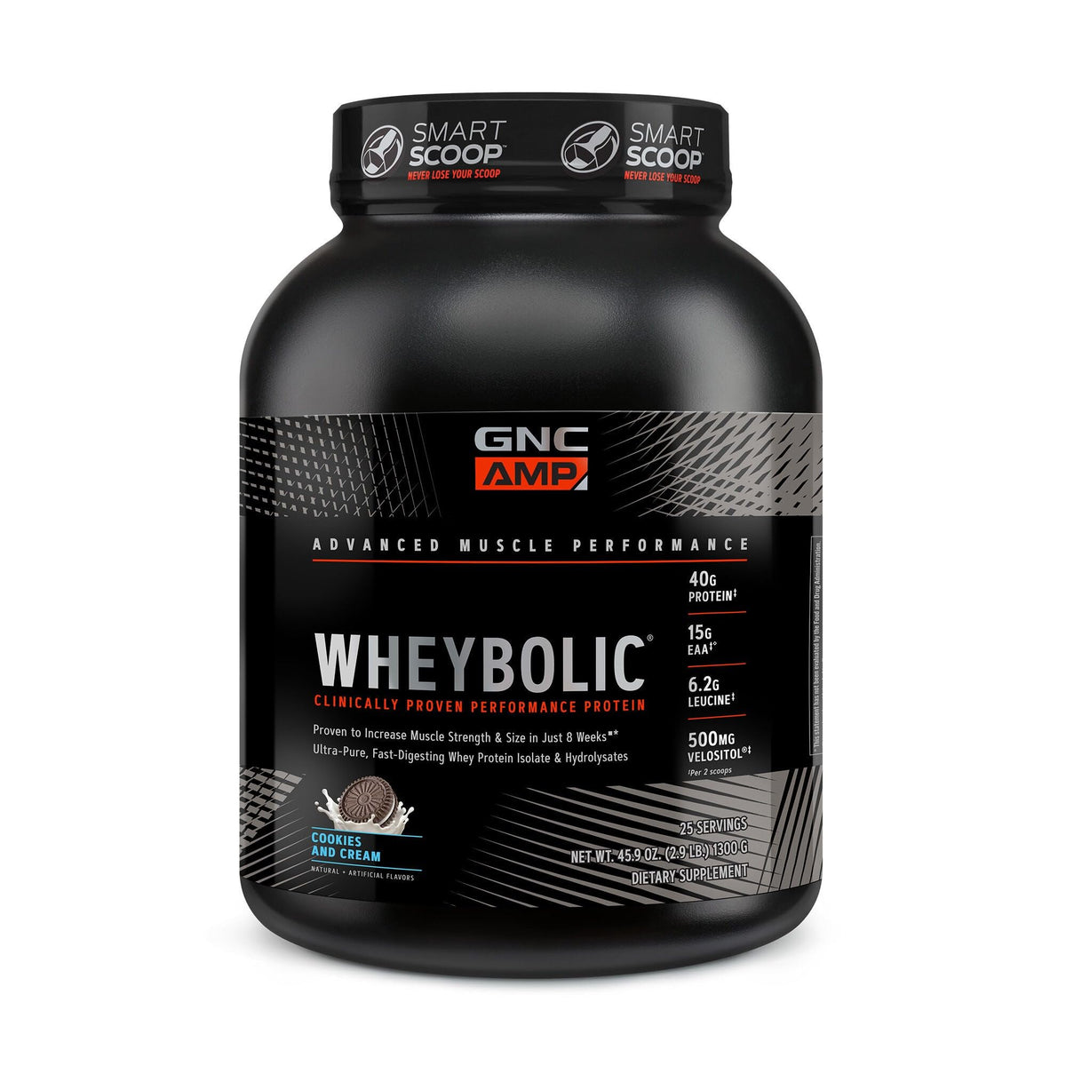GNC AMP Wheybolic cookies and cream bottle, premium gluten-free protein for muscle growth