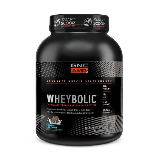 GNC AMP Wheybolic cookies and cream bottle, premium gluten-free protein for muscle growth