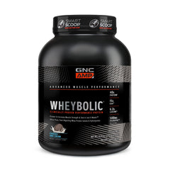GNC AMP Wheybolic cookies and cream bottle, premium gluten-free protein for muscle growth