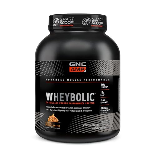 GNC AMP Wheybolic Creamy Peanut Butter tub front for convenient protein fueling