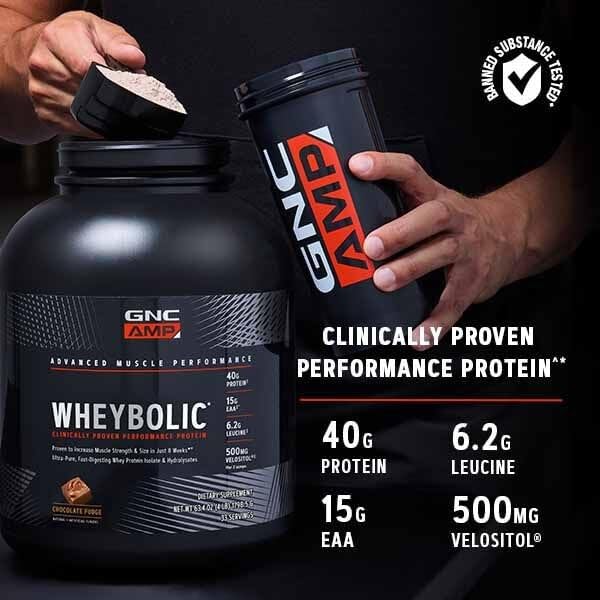 GNC AMP Wheybolic leucine Velositol blend in supplement mix