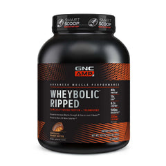 GNC AMP Wheybolic Ripped bottle shows chocolate peanut butter flavor for post-workout use.
