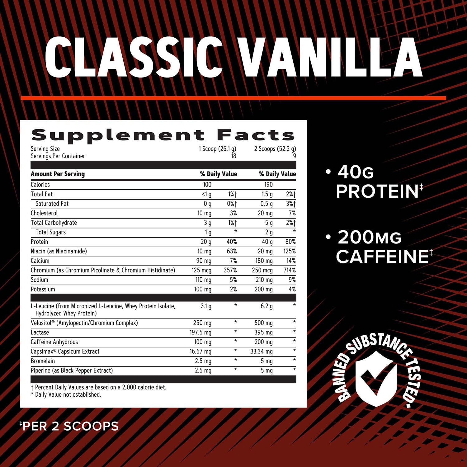 GNC AMP Wheybolic Ripped back label highlights ingredients and nutrition for recovery
