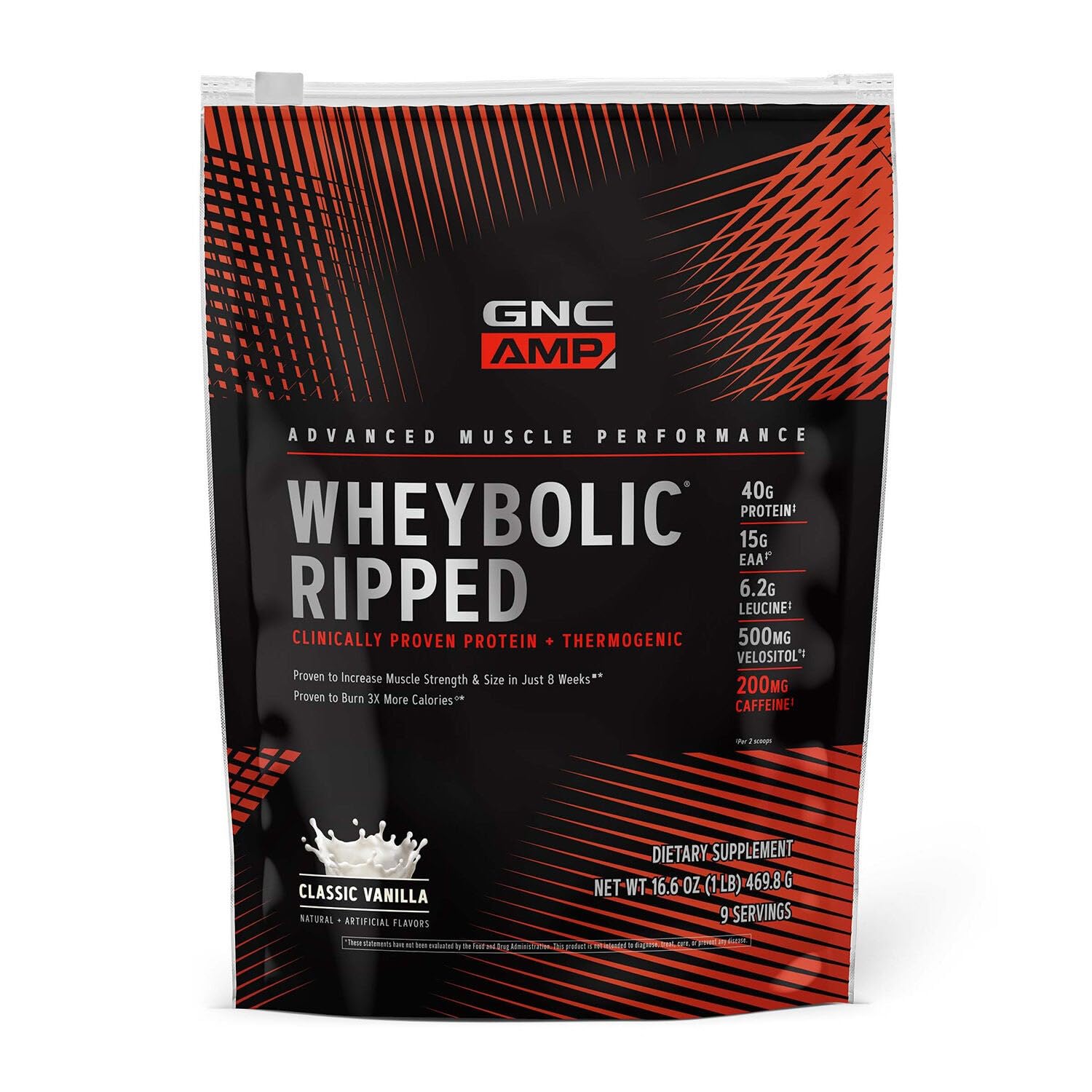 GNC AMP Wheybolic Ripped Classic Vanilla bottle front view showing lean muscle support