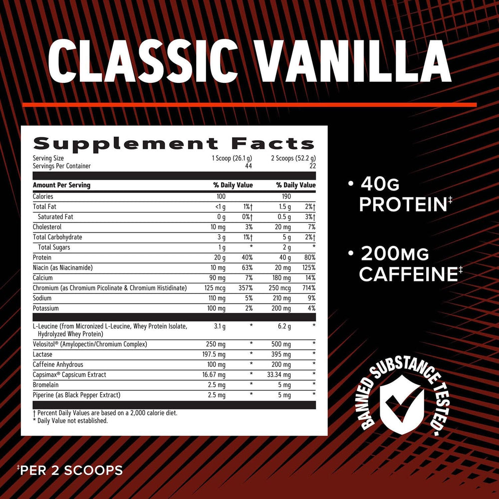 GNC AMP Wheybolic Ripped Classic Vanilla serving size and color indication