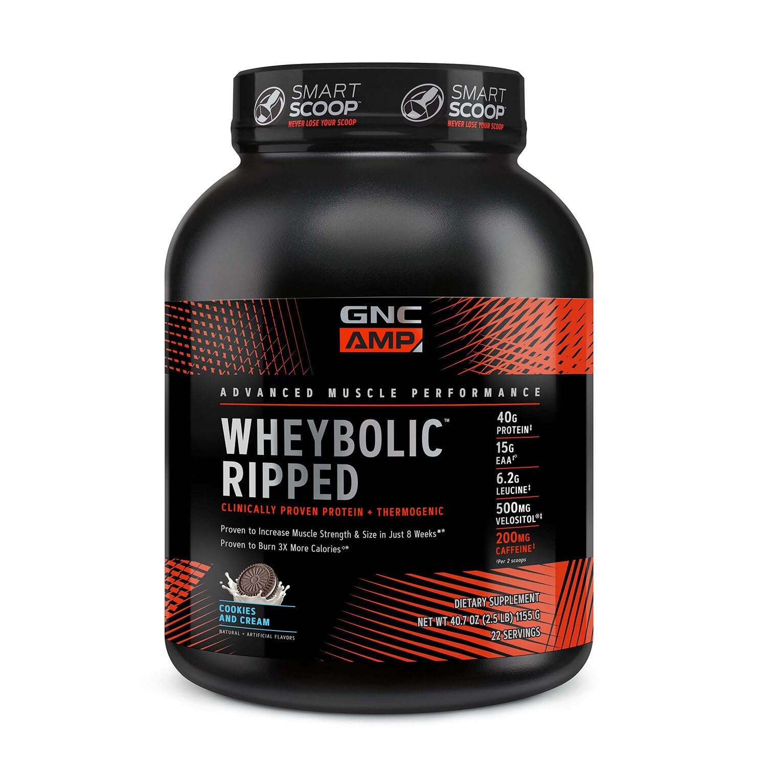 GNC AMP Wheybolic Ripped Cookies & Cream 22 servings box front signals high-protein support for workouts