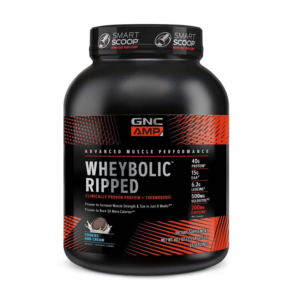 GNC AMP Wheybolic Ripped Cookies & Cream 22 servings box front signals high-protein support for workouts