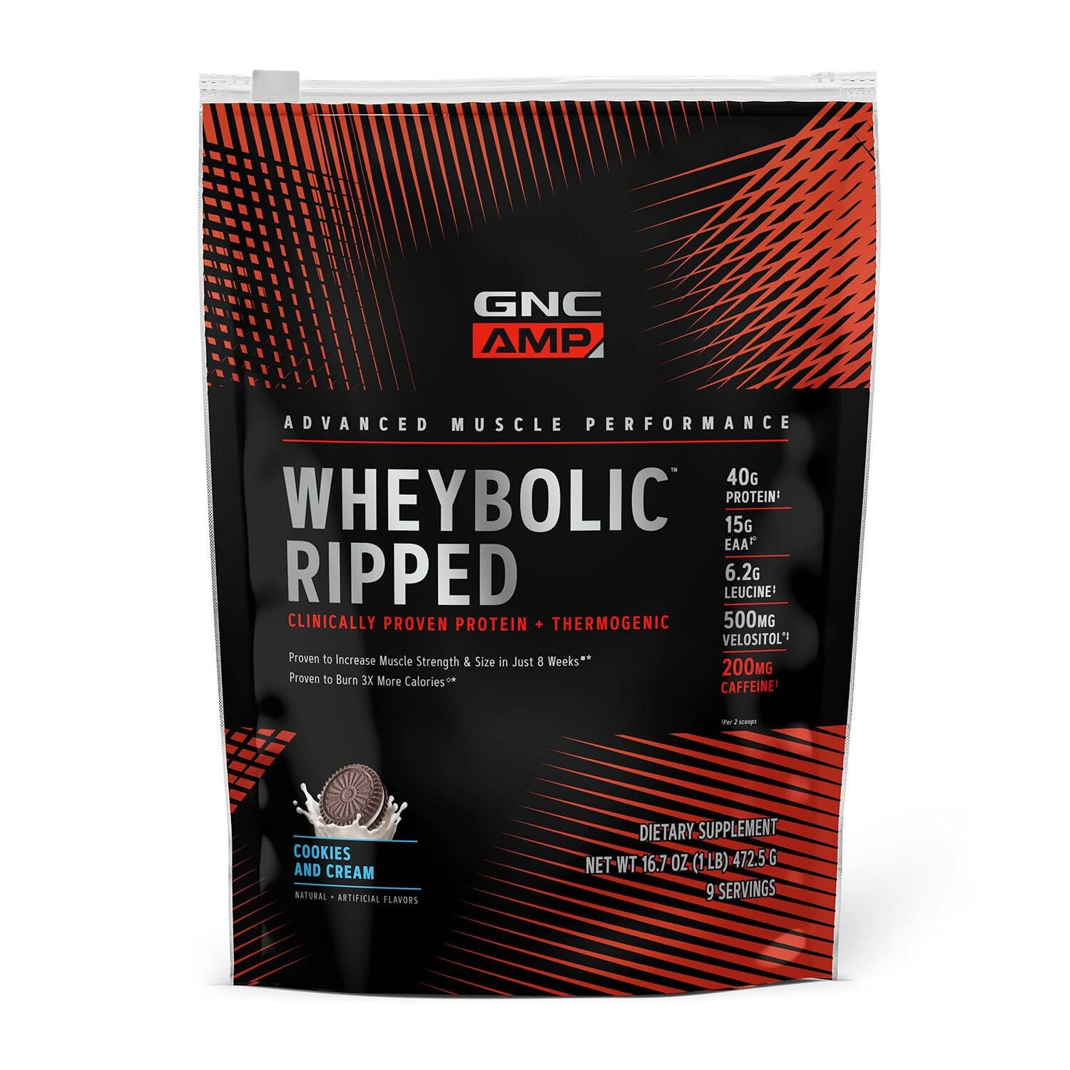 GNC AMP Wheybolic Ripped cookies and cream tub close-up highlights premium protein for muscle support