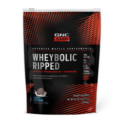 GNC AMP Wheybolic Ripped cookies and cream tub close-up highlights premium protein for muscle support