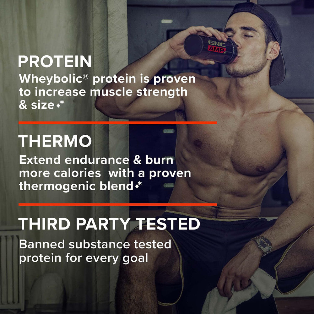 GNC AMP Wheybolic Ripped ingredient panel highlights BCAAs and caffeine.