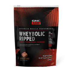 GNC AMP Wheybolic Ripped powder bottle promotes muscle support during training.