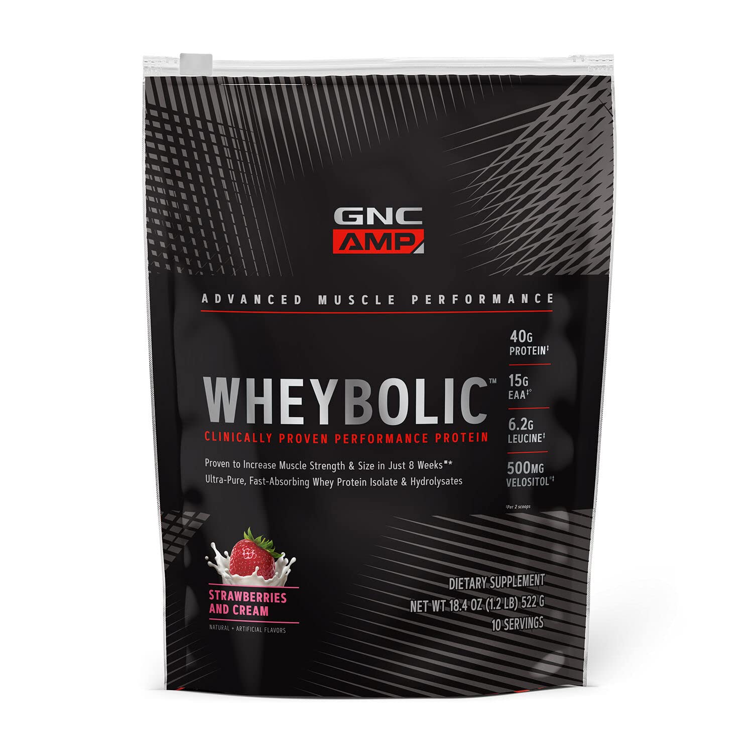 GNC AMP Wheybolic tub label highlighting gluten free formula for strength support.