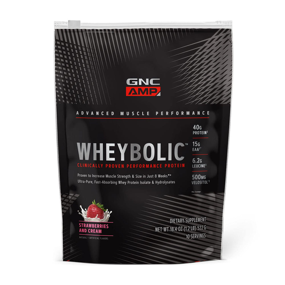 GNC AMP Wheybolic tub label highlighting gluten free formula for strength support.