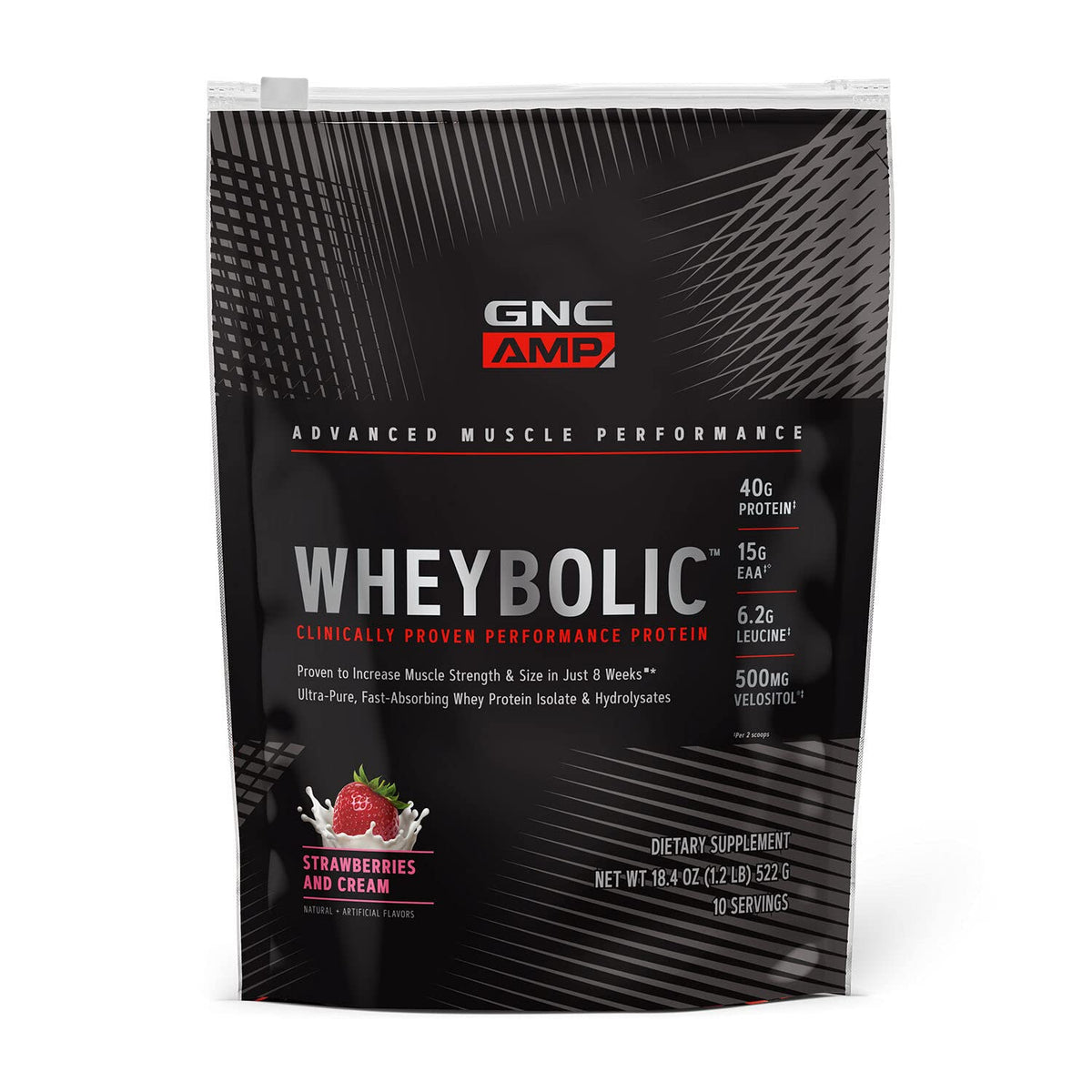 GNC AMP Wheybolic tub label highlighting gluten free formula for strength support.