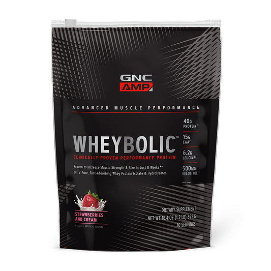GNC AMP Wheybolic tub label highlighting gluten free formula for strength support.