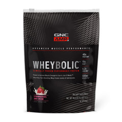 GNC AMP Wheybolic tub label highlighting gluten free formula for strength support.