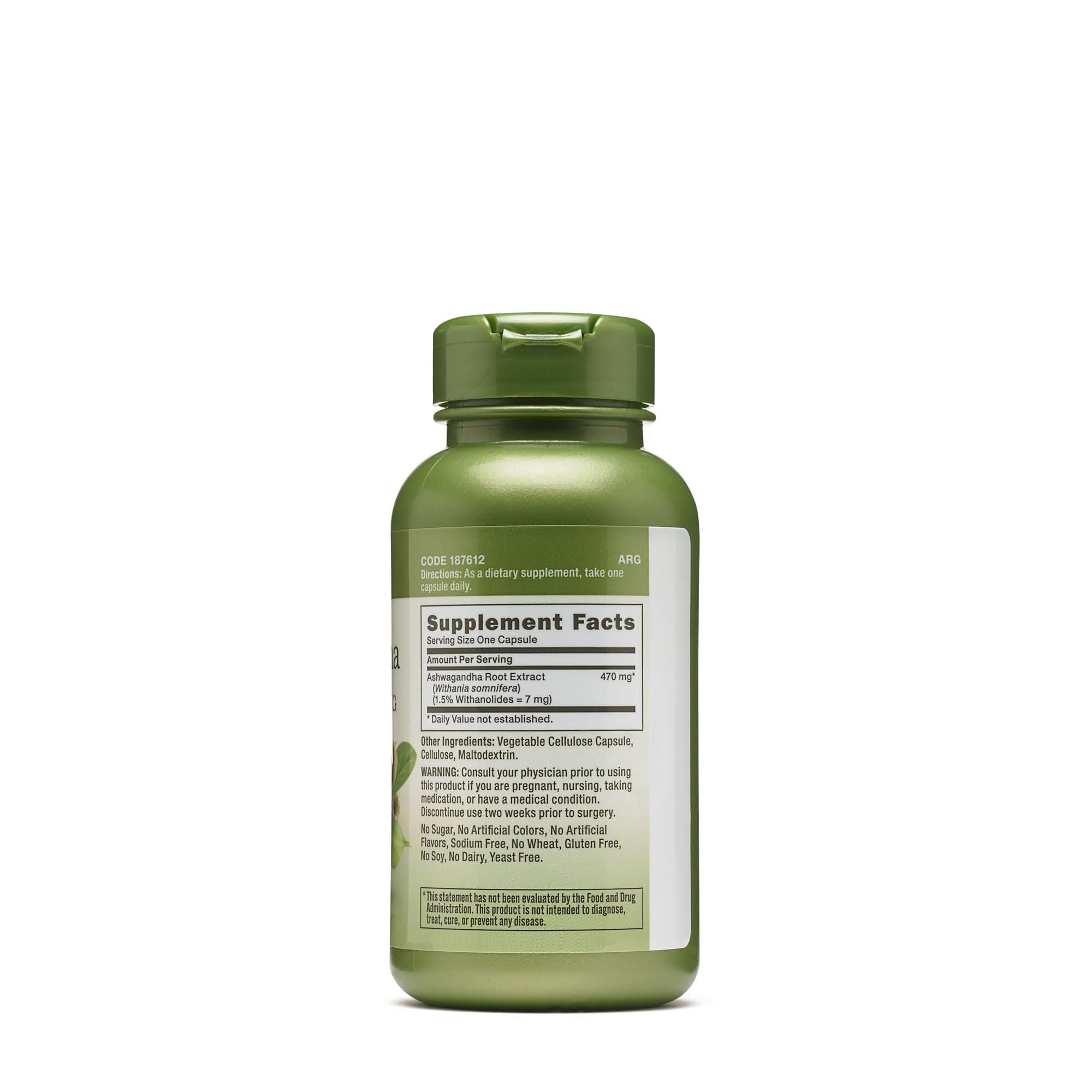 GNC Ashwagandha vegetarian formula label highlighting plant-based capsules