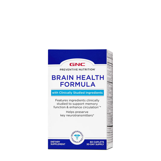 GNC Preventive Nutrition Brain Health Formula bottle front with caplets for daily focus.
