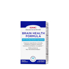 GNC Preventive Nutrition Brain Health Formula bottle front with caplets for daily focus.