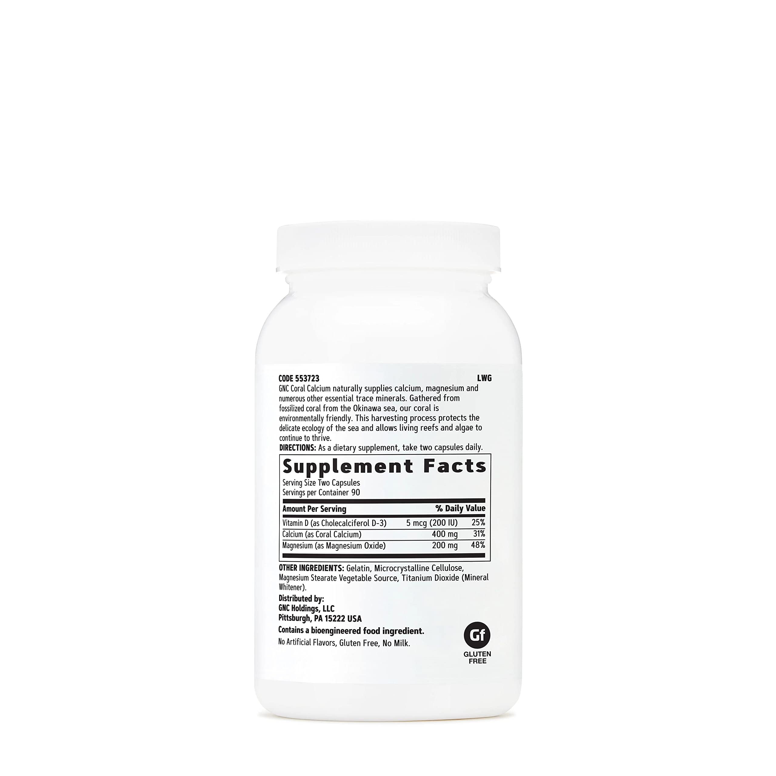 GNC Coral Calcium bone health visual pack emphasizes calcium and vitamin D-3 support.