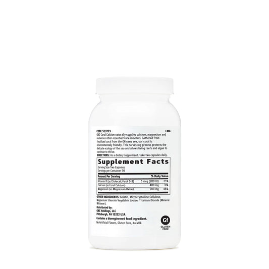 GNC Coral Calcium bone health visual pack emphasizes calcium and vitamin D-3 support.