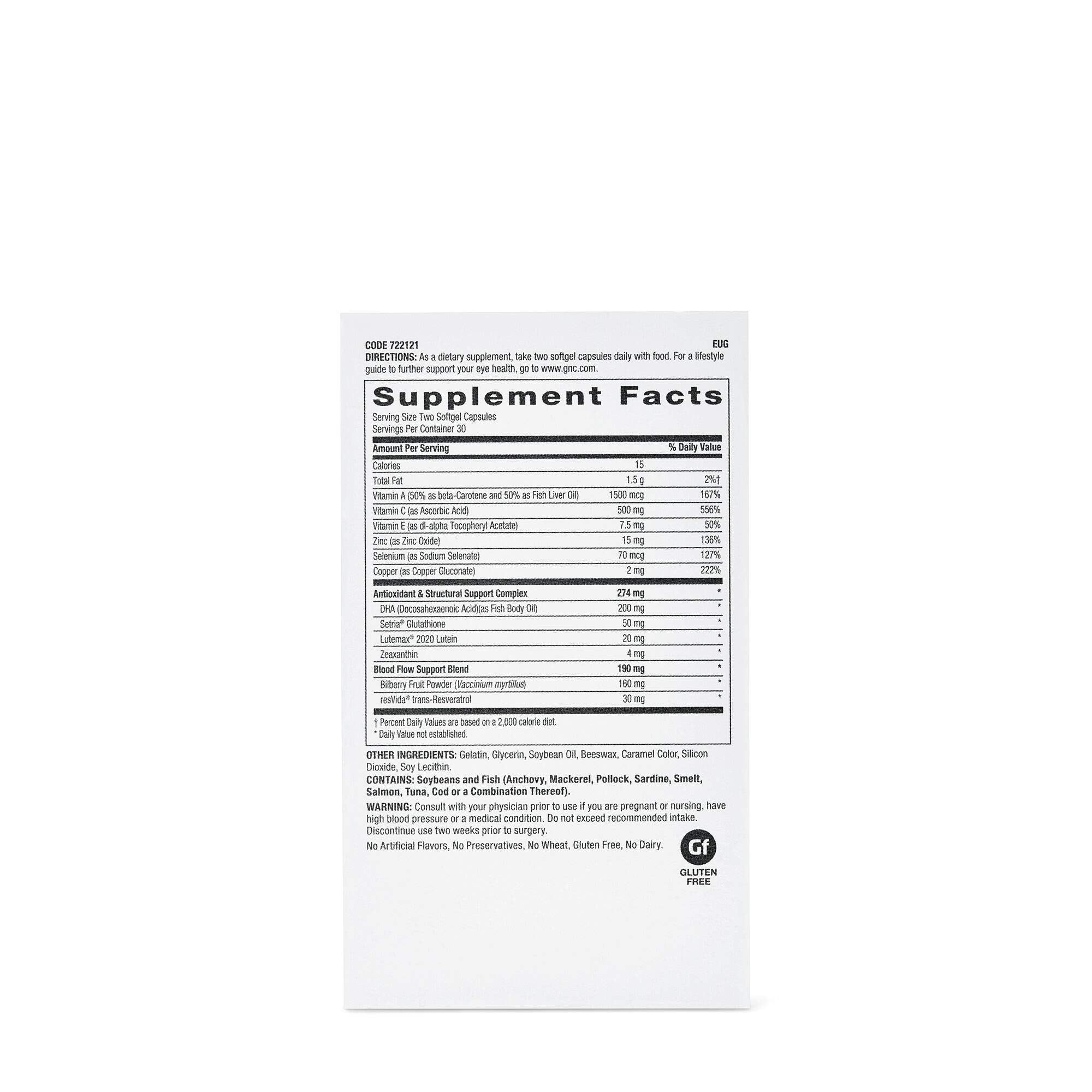 GNC Eye Health Formula ingredient panel highlighting vitamins and minerals for daily eye function.